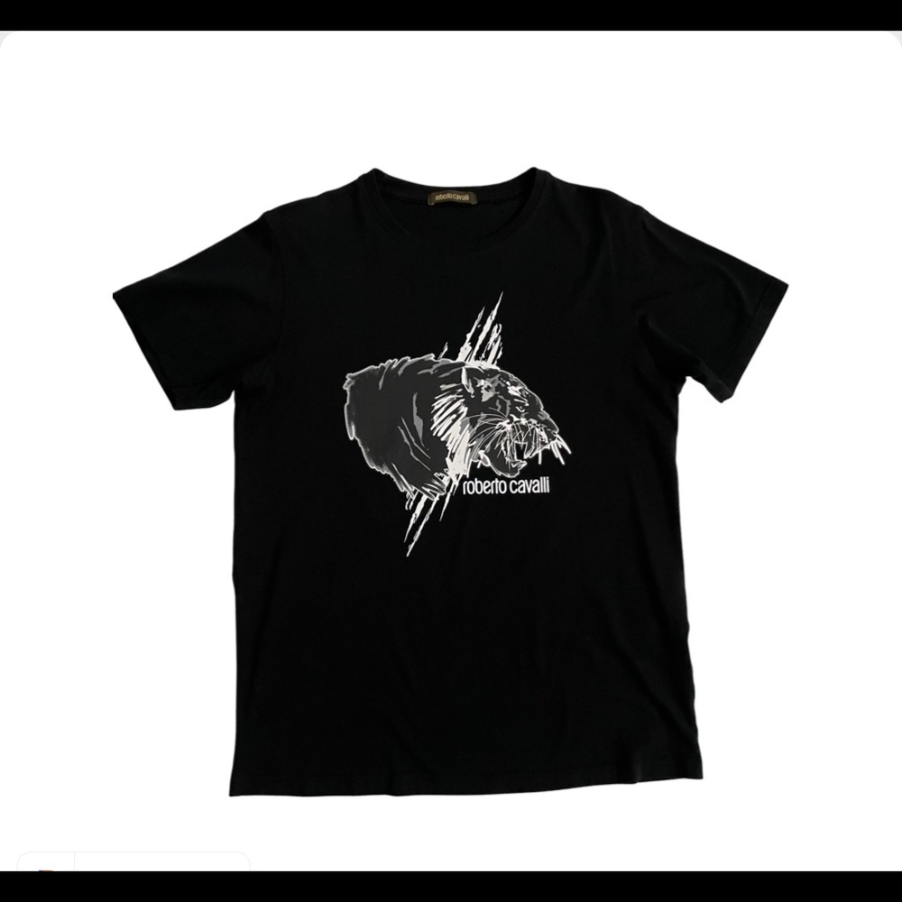 Roberto Cavalli Shirt Tee Lion Graphic Logo Animal Crew Neck Short Sleeve Black